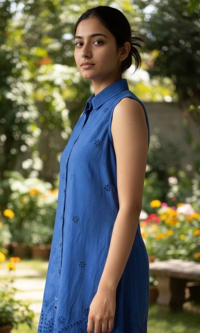 Cyan Schiffli Shirt Dress