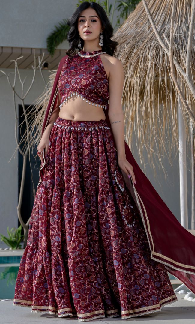 Maroon Halter Neck Lehenga