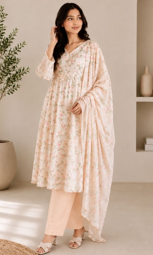 Soft Beige Floral Organza Anarkali Set
