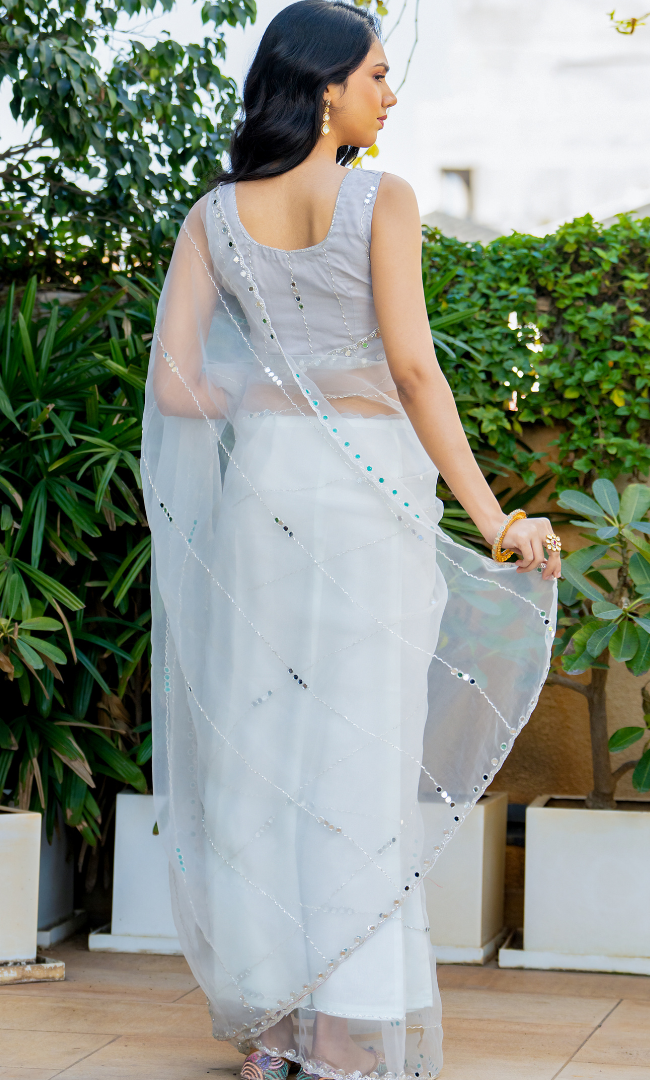 Grey Cutdana And Mirror Work Lines Saree