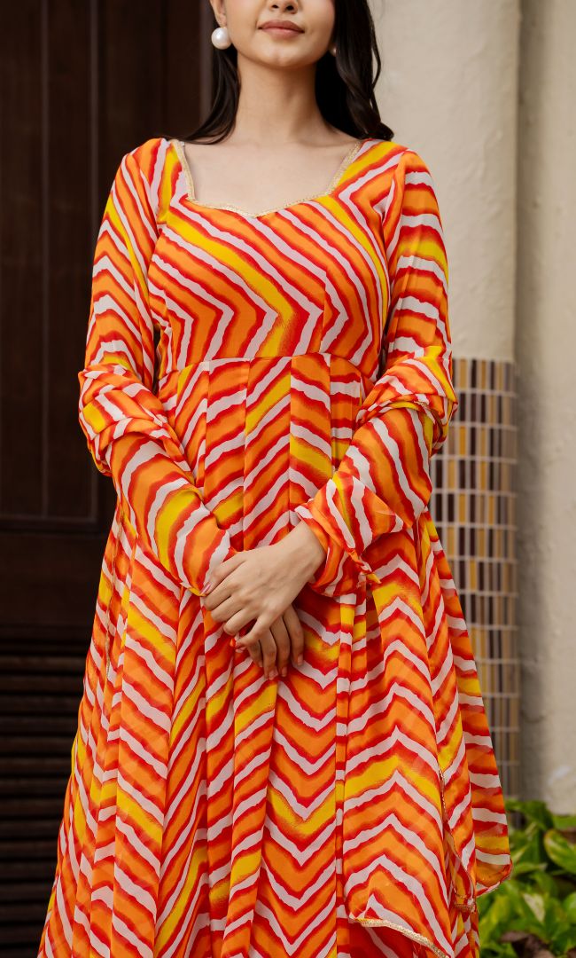 Leheriya Orange Anarkali Set