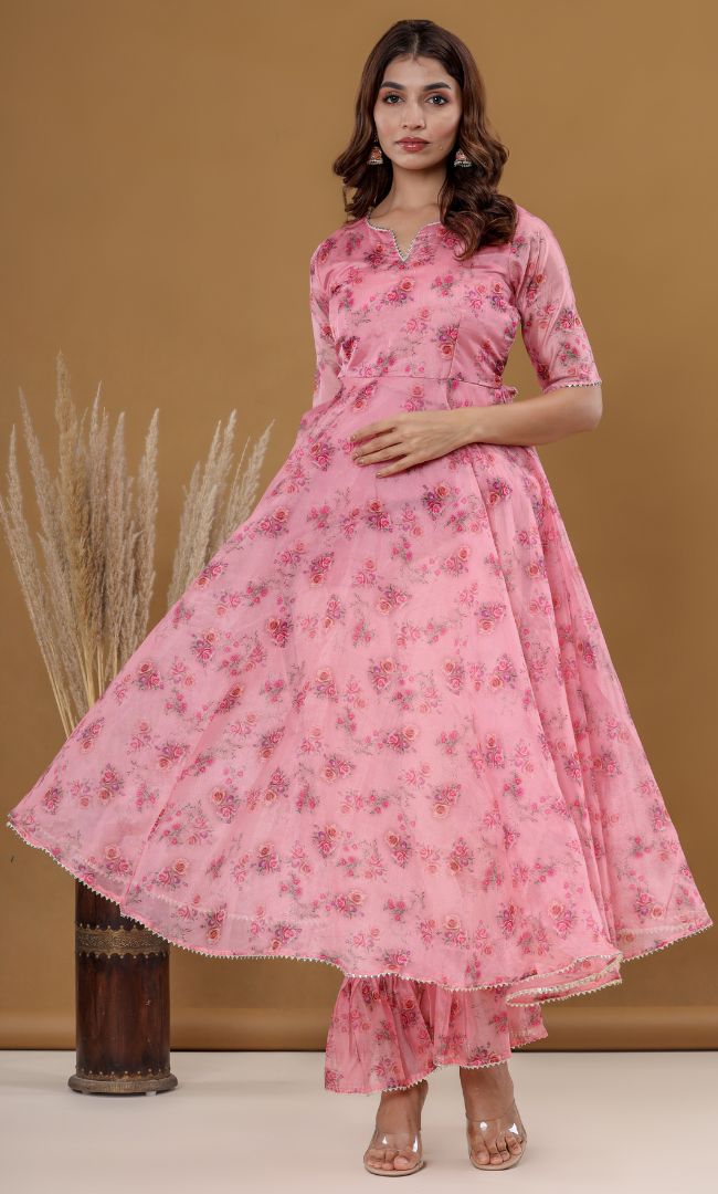 Rose Peach Floral Anarkali Set