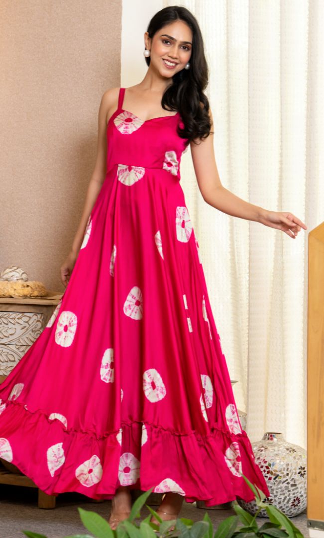 Fuchsia Fan- Print Ruffle Maxi Dress