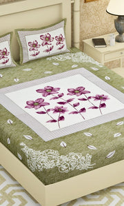 COSMOS PRINTED OLIVE DOUBLE BED BEDSHEET
