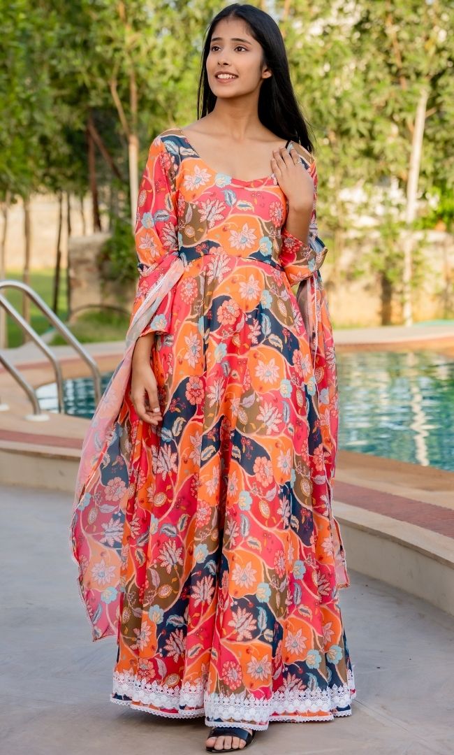 Tiara Orange Floral Anarkali Set