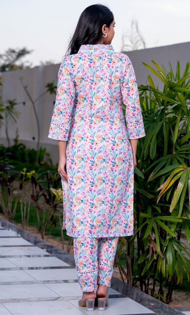 Pastel Floral Pintucks Kurta Set