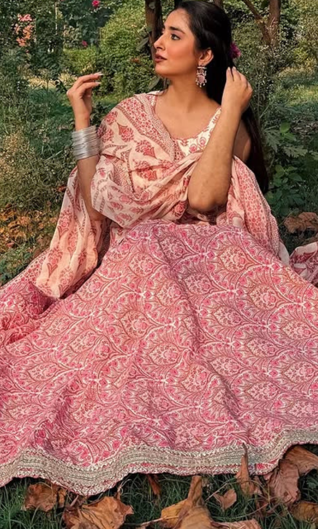 Pink Block Print Kurta Skirt