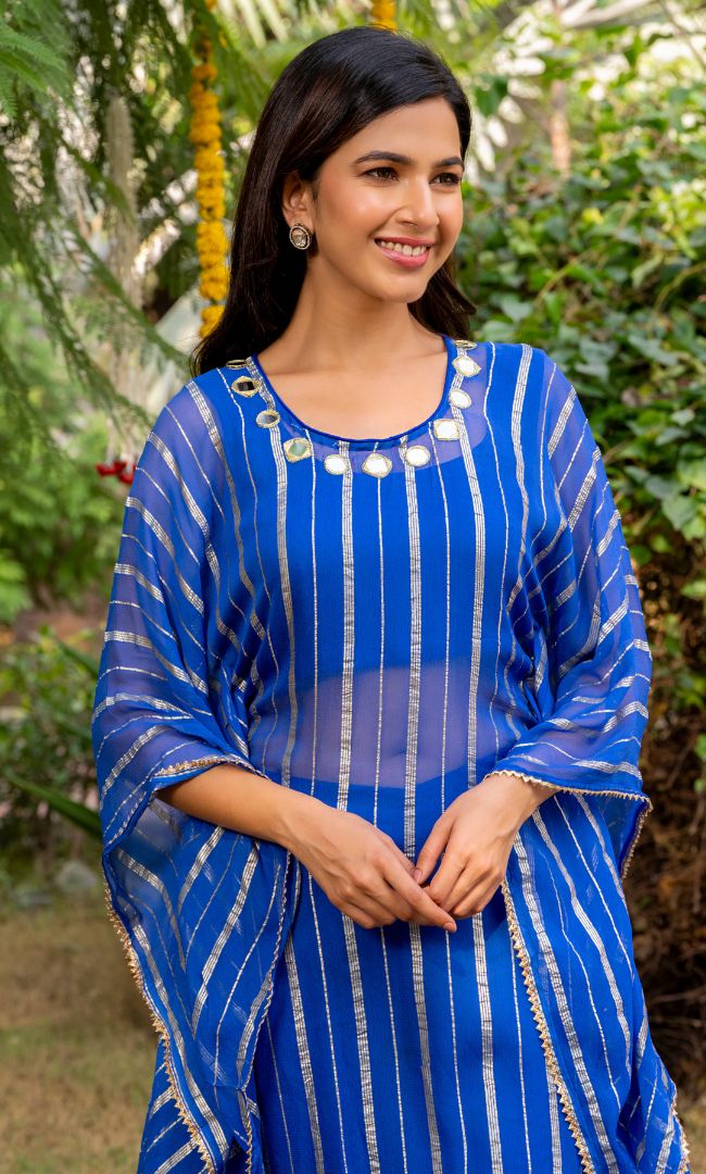 Teal Blue Mirror Work Kaftan Set