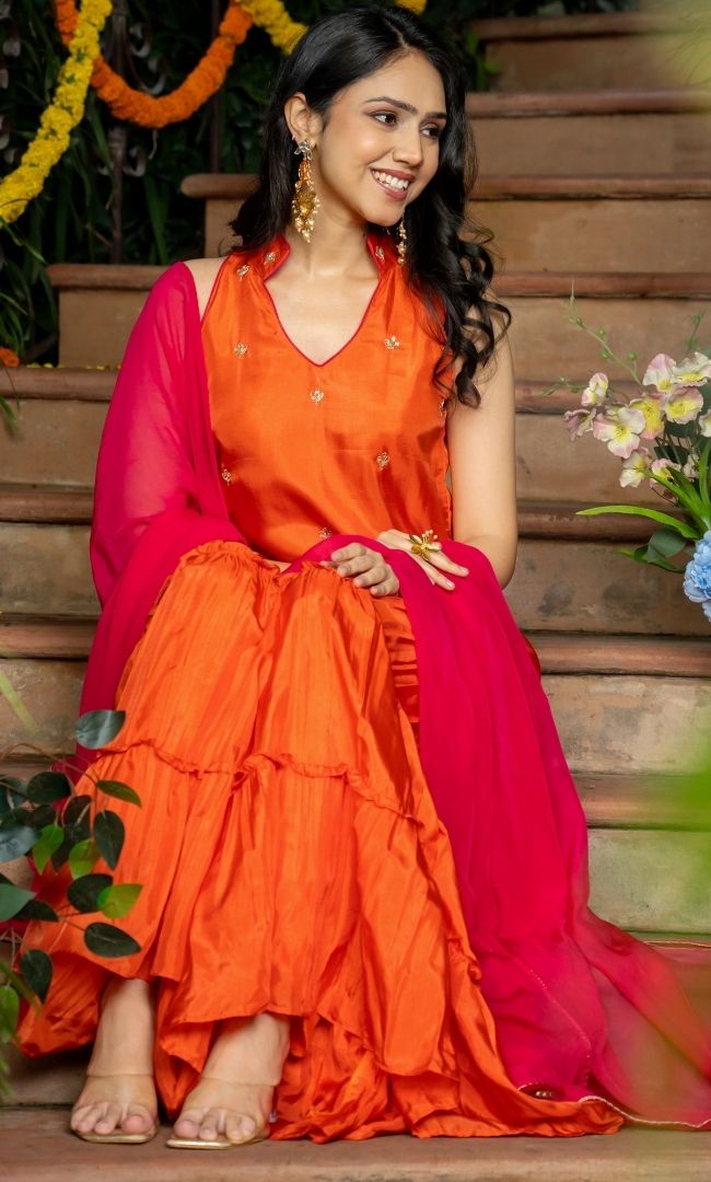 Sunset Orange Upada Silk Sharara Set