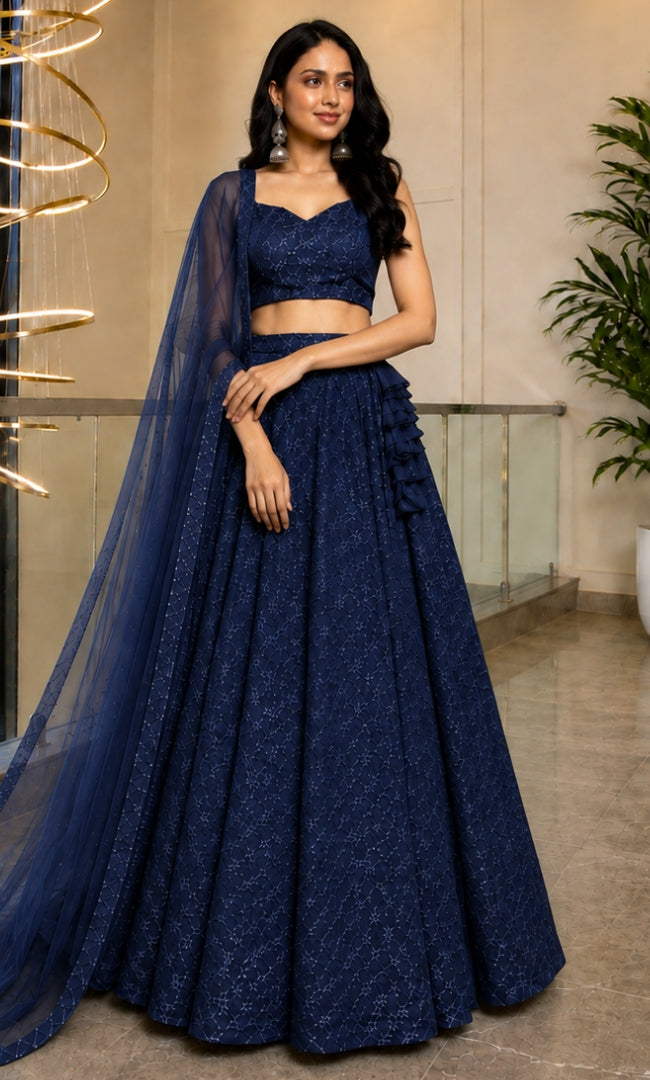 Midnight Blue Jaal Embroidery Lehenga Set