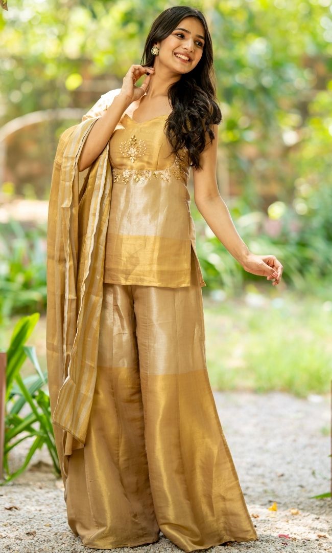 Elara Golden Tissue Sharara Set