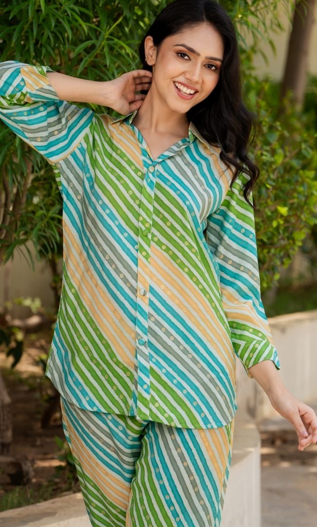 Green Leheriya Muslin Co-ord Set