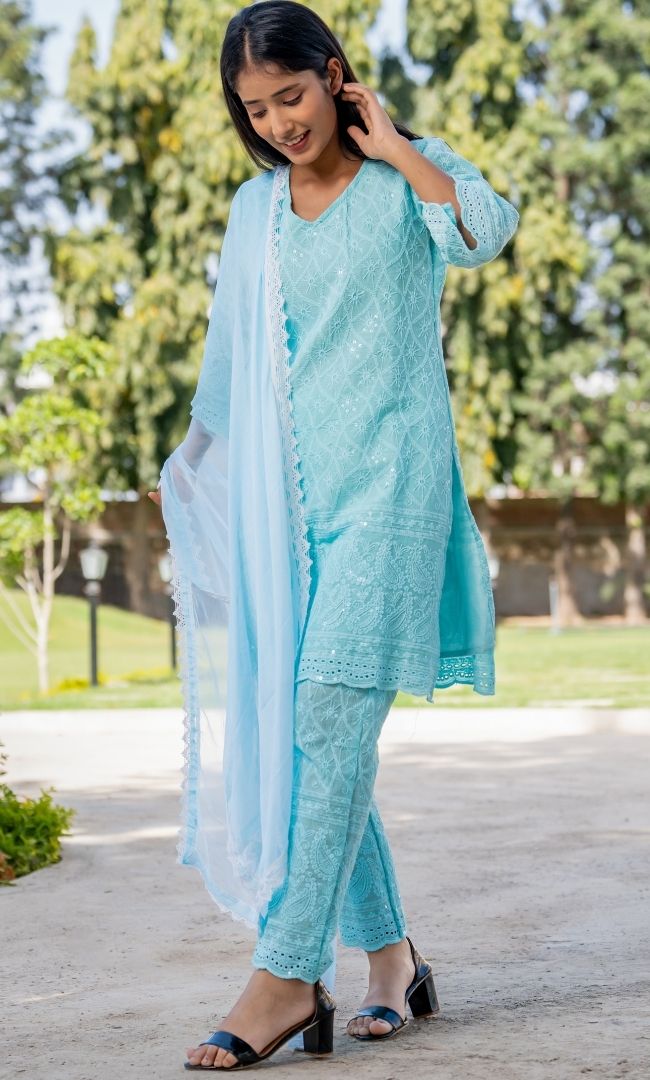 Ice Blue Chikankari Kurta Pant  Set