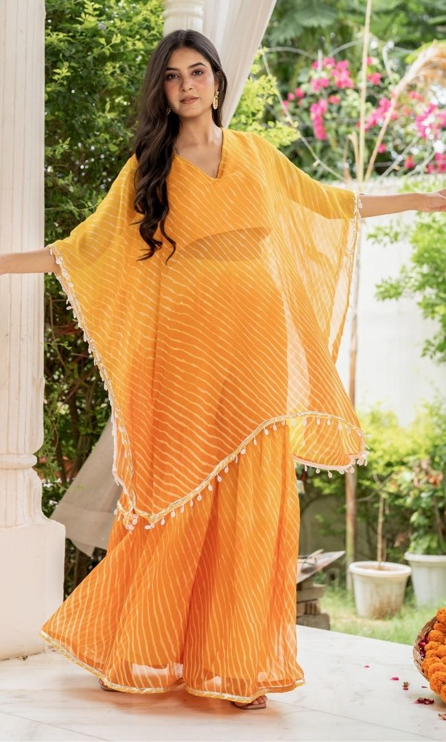 Ziya Yellow Leheriya Kaftan Set
