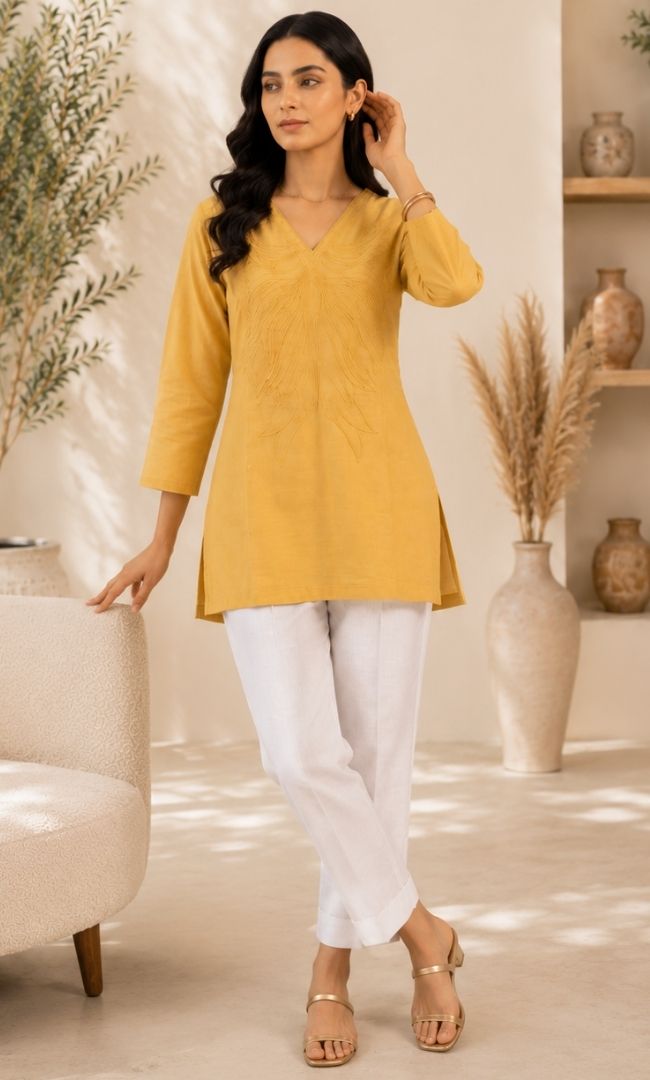 Avira Yellow Embroidered Kurti