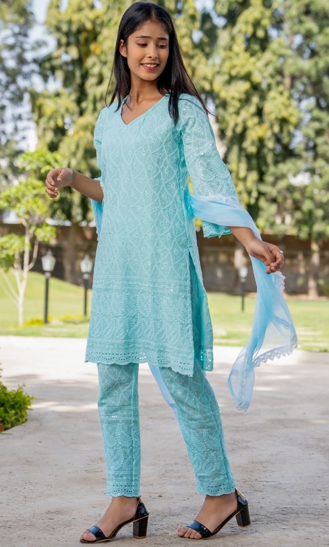 Ice Blue Chikankari Kurta Pant  Set