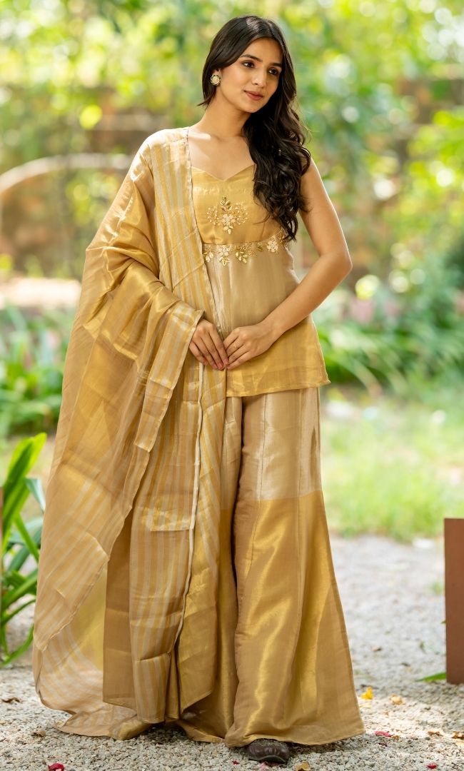 Elara Golden Tissue Sharara Set