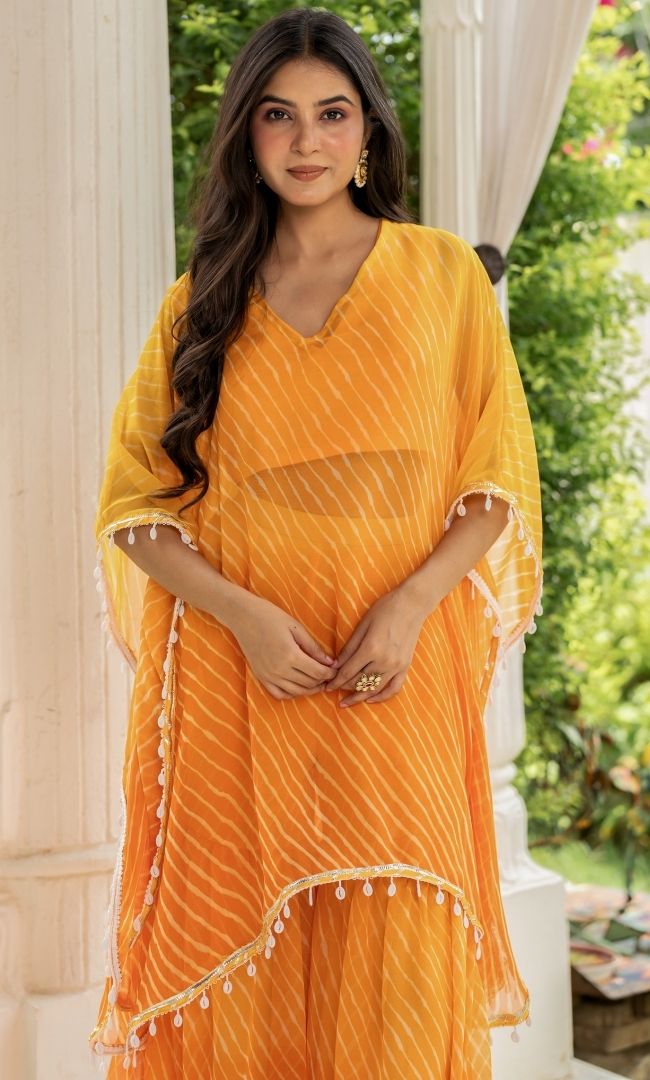 Ziya Yellow Leheriya Kaftan Set