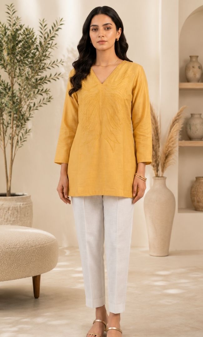 Avira Yellow Embroidered Kurti