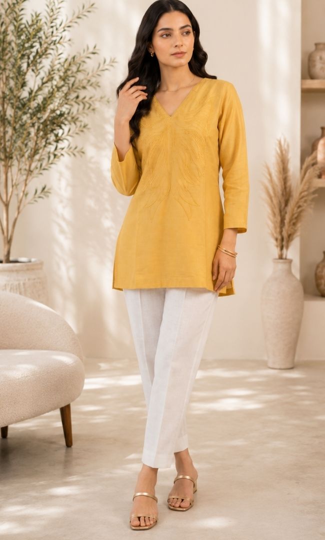 Avira Yellow Embroidered Kurti