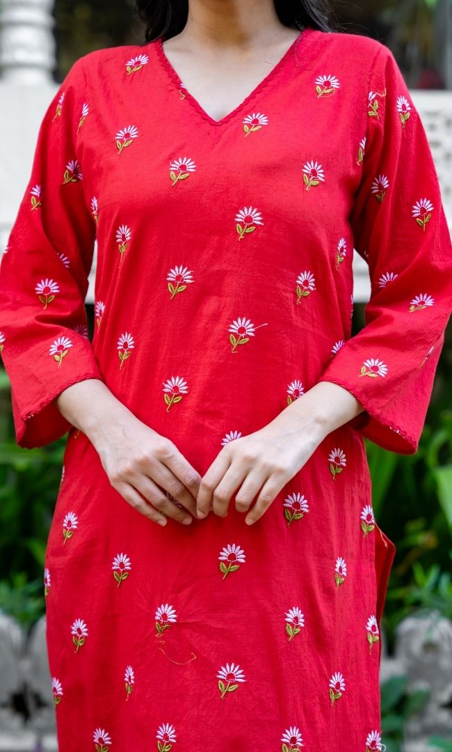 Vanya Red Cotton Kurta Set