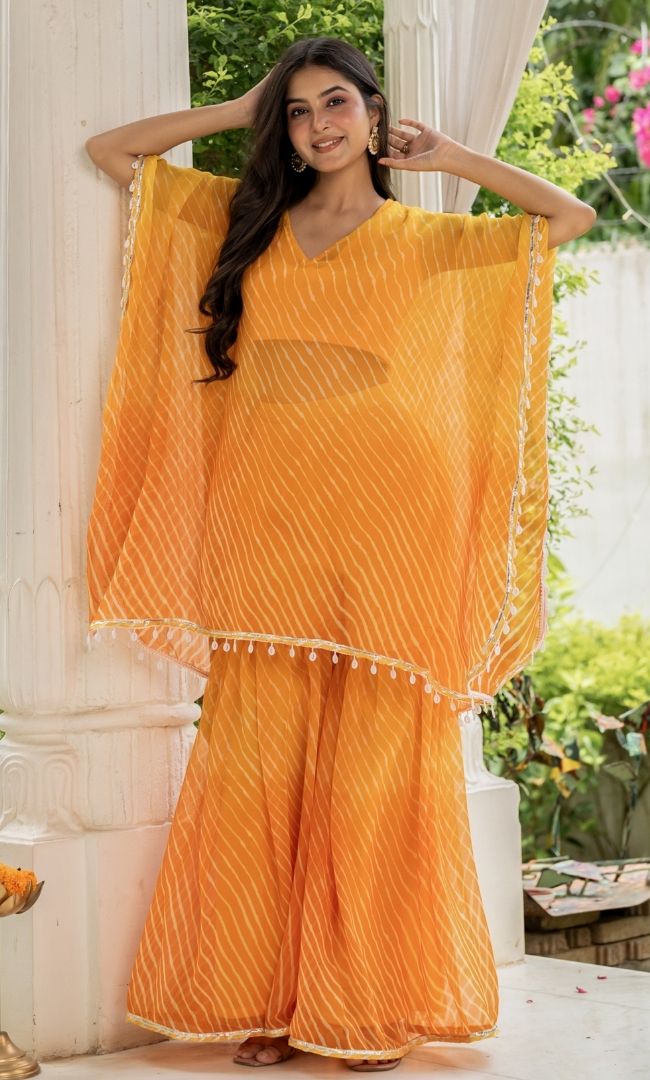 Ziya Yellow Leheriya Kaftan Set