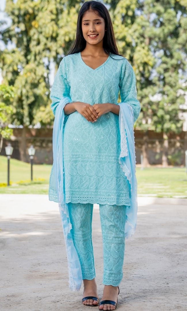 Ice Blue Chikankari Kurta Pant  Set