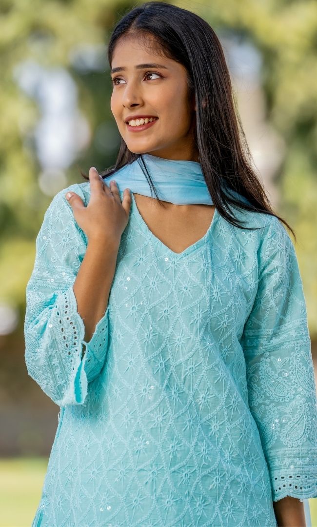 Ice Blue Chikankari Kurta Pant  Set