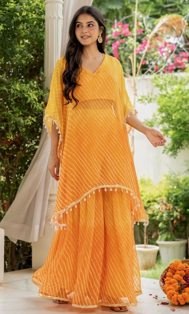 Ziya Yellow Leheriya Kaftan Set