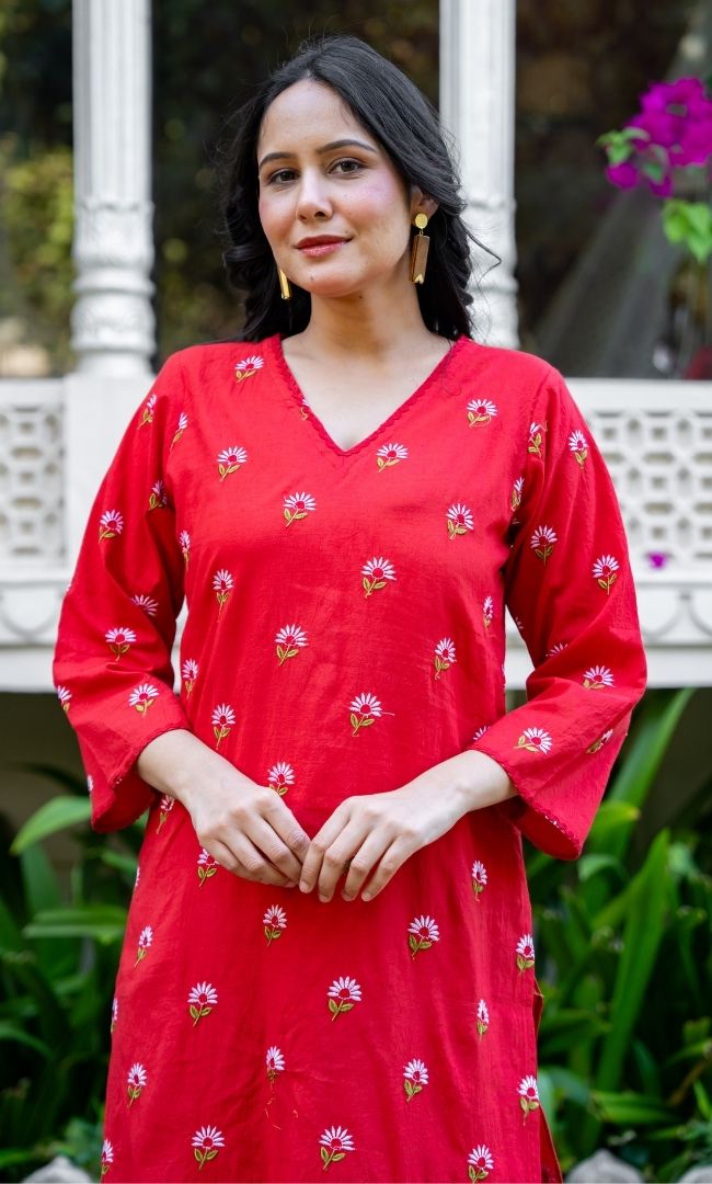 Vanya Red Cotton Kurta Set