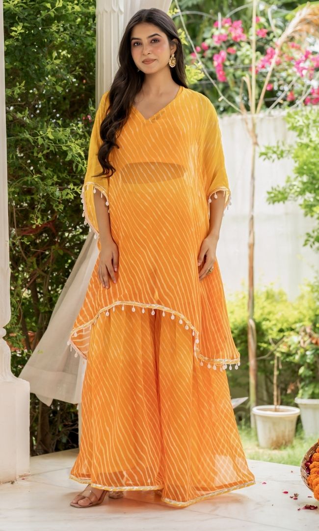 Ziya Yellow Leheriya Kaftan Set