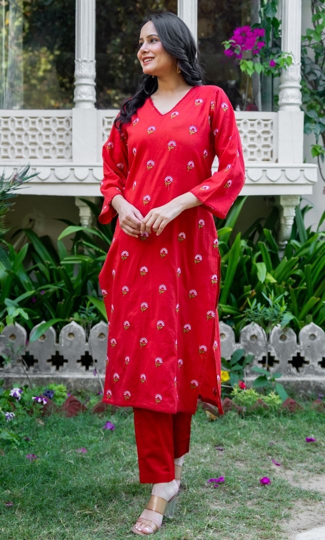 Vanya Red Cotton Kurta Set