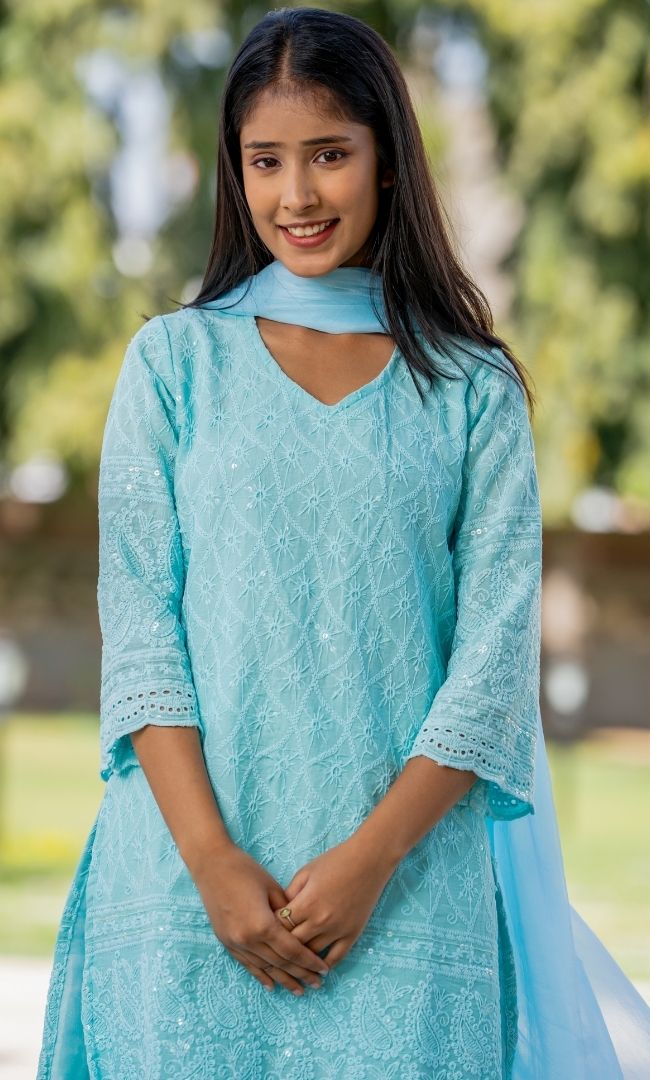 Ice Blue Chikankari Kurta Pant  Set
