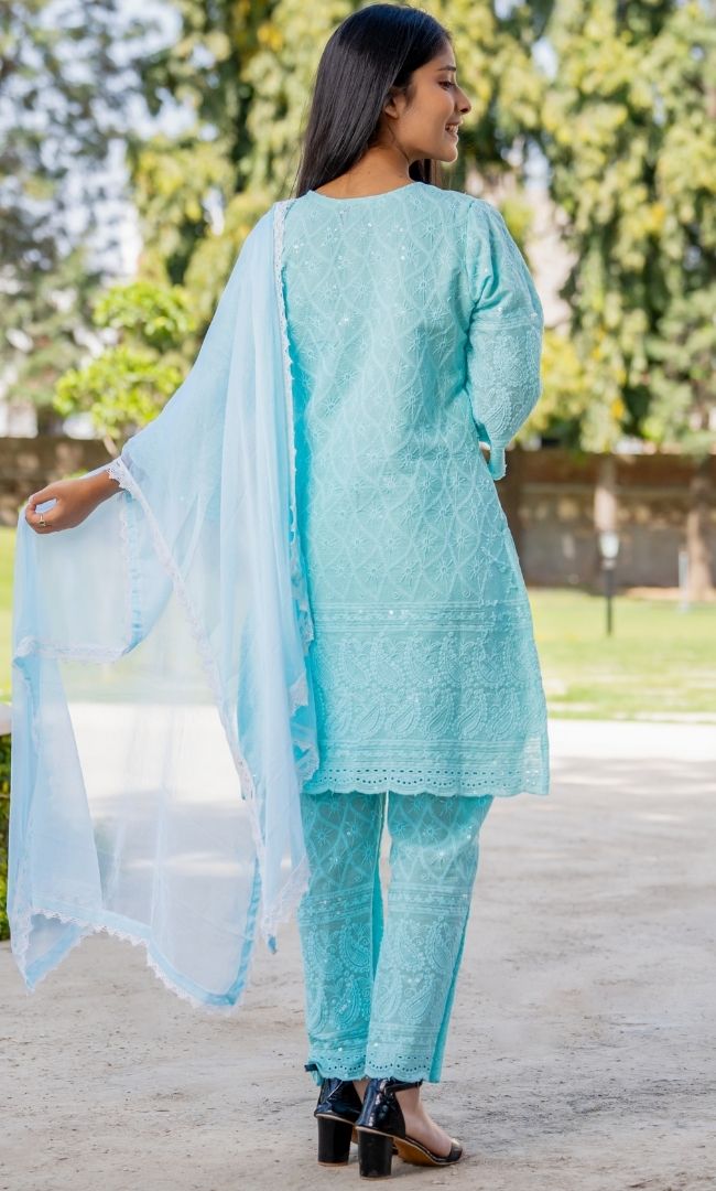 Ice Blue Chikankari Kurta Pant  Set