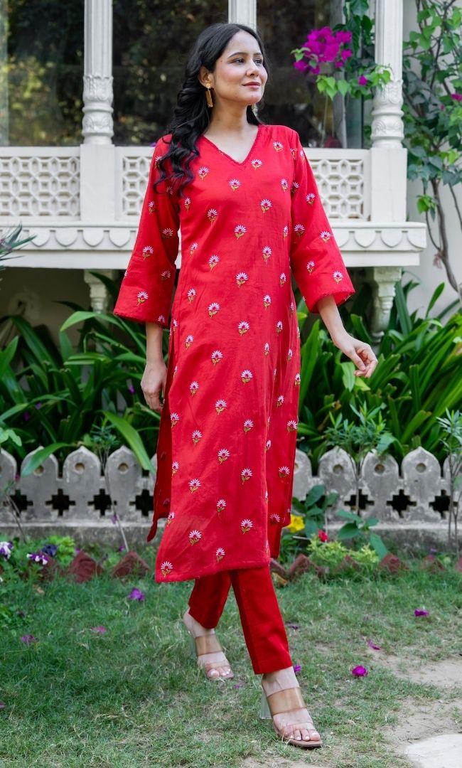 Vanya Red Cotton Kurta Set