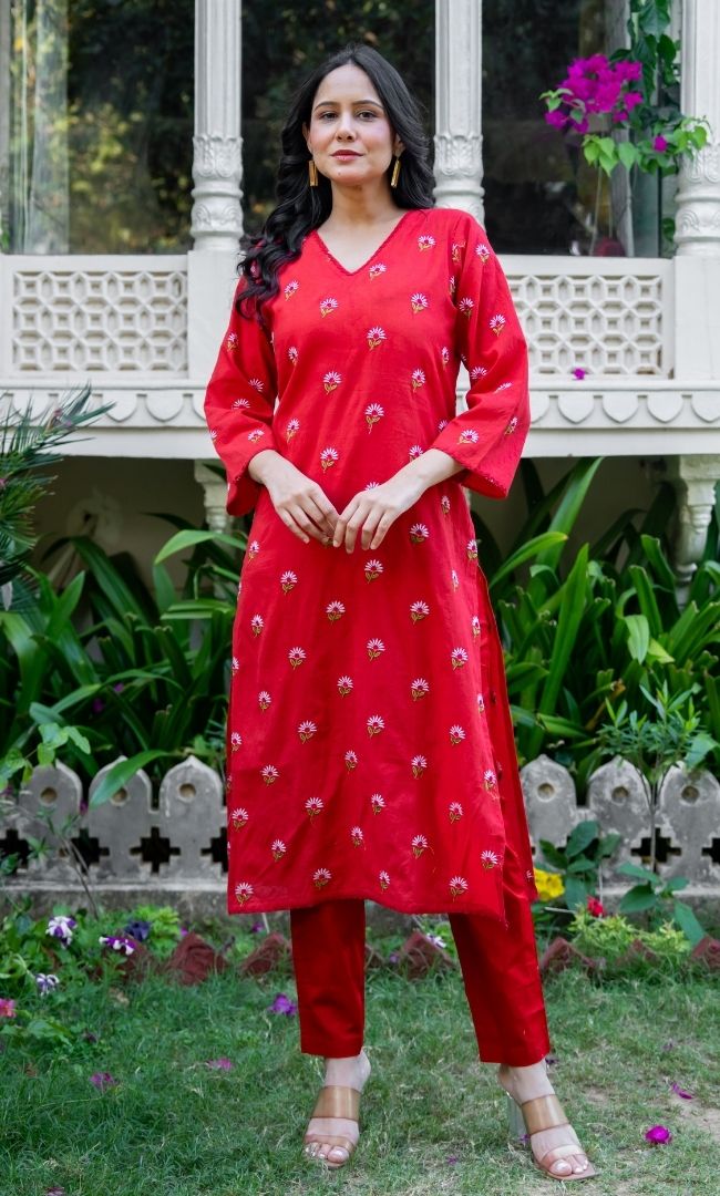 Vanya Red Cotton Kurta Set
