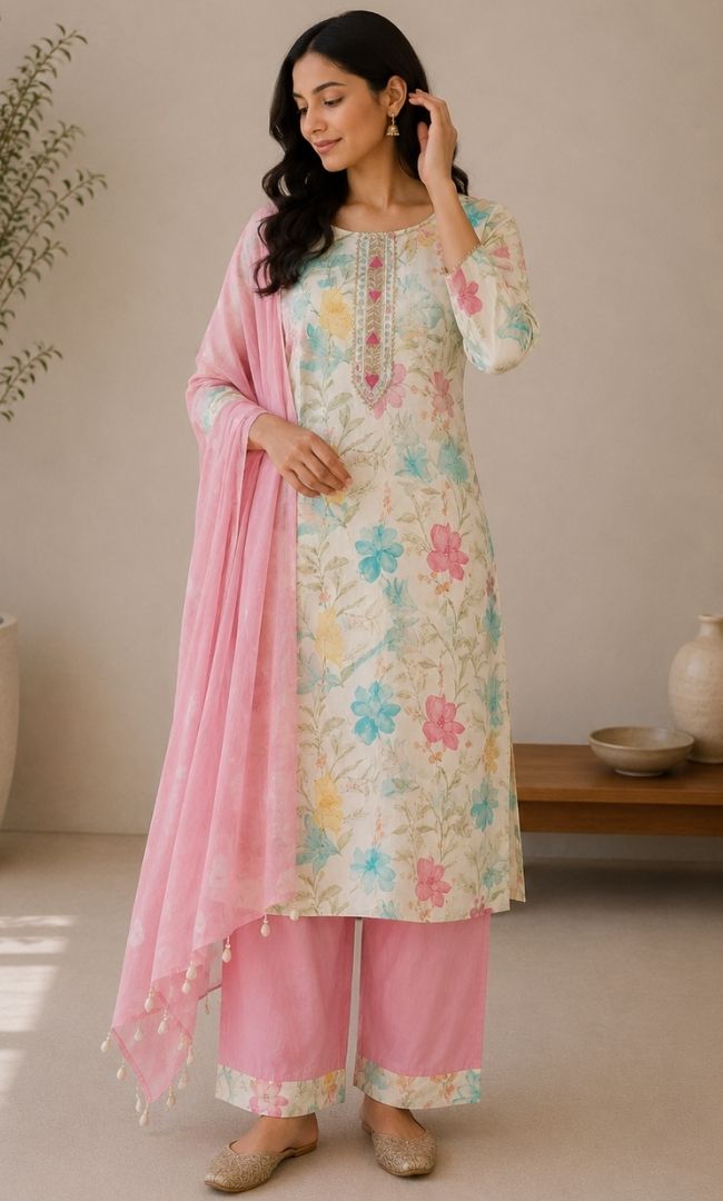 Beige Printed Suit Set