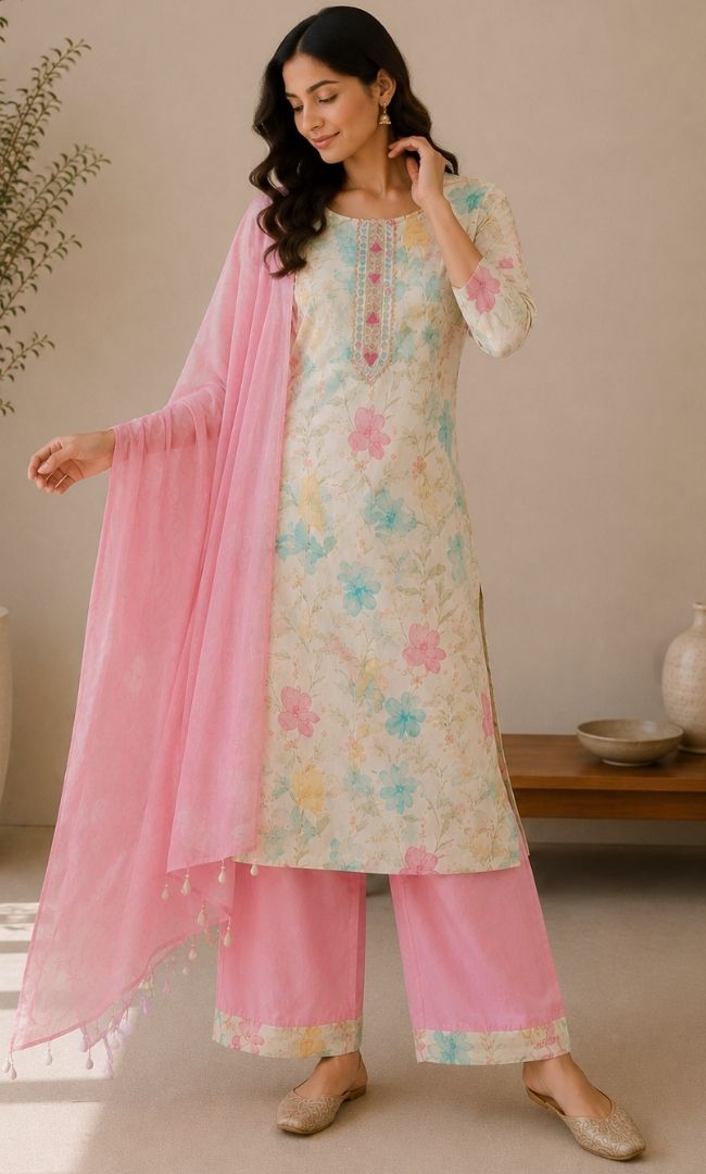 Beige Printed Suit Set