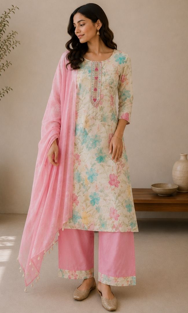 Beige Printed Suit Set