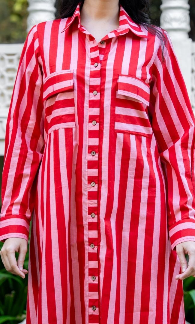 Coral Cotton Stripe Kurta Set