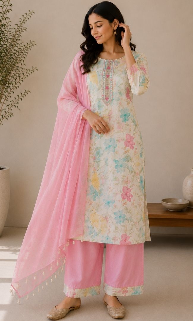 Beige Printed Suit Set