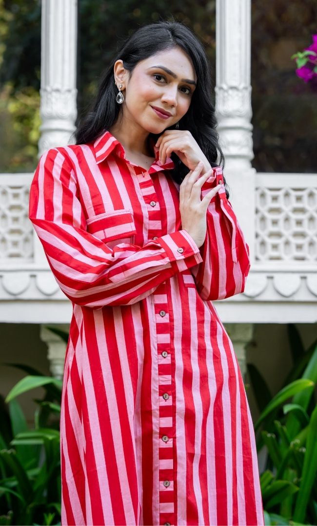 Coral Cotton Stripe Kurta Set