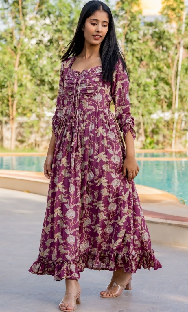 Wine Printed Maxi Dress