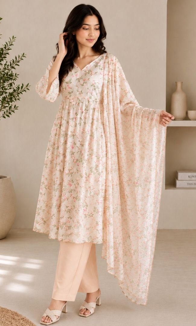 Soft Beige Floral Organza Anarkali Set