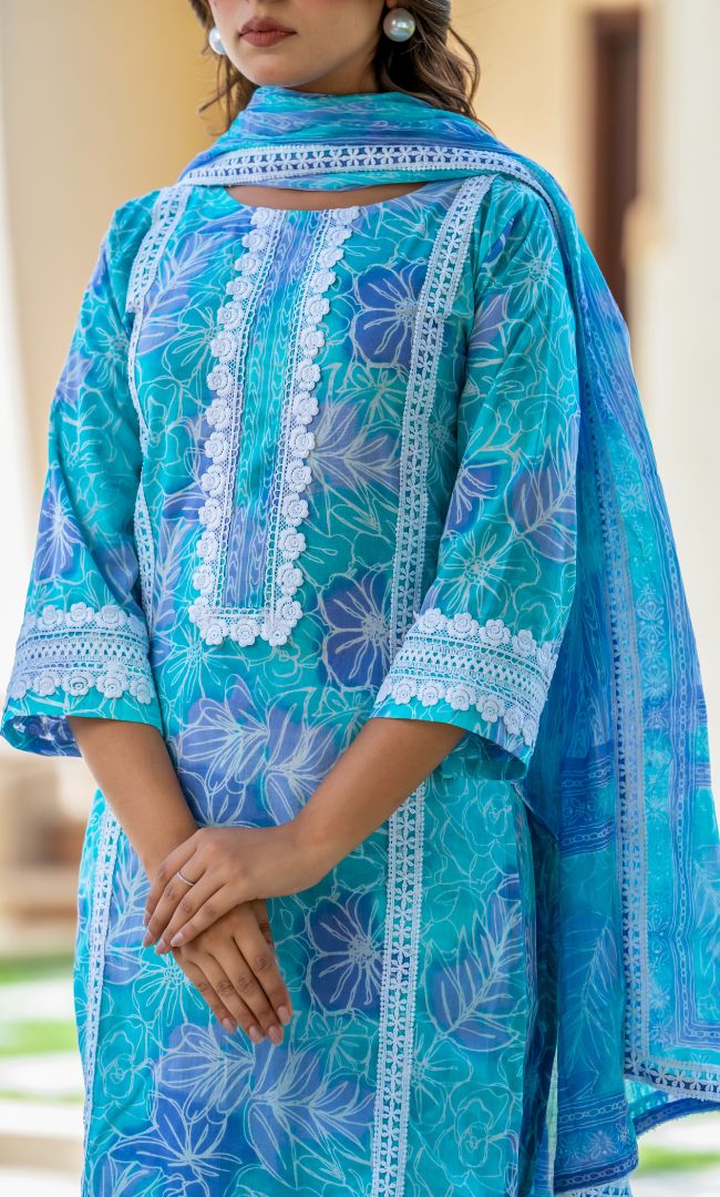 Aqua Printed Cotton Suit Set