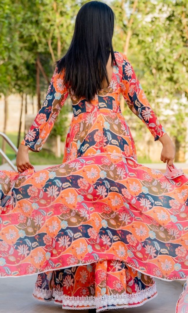 Tiara Orange Floral Anarkali Set