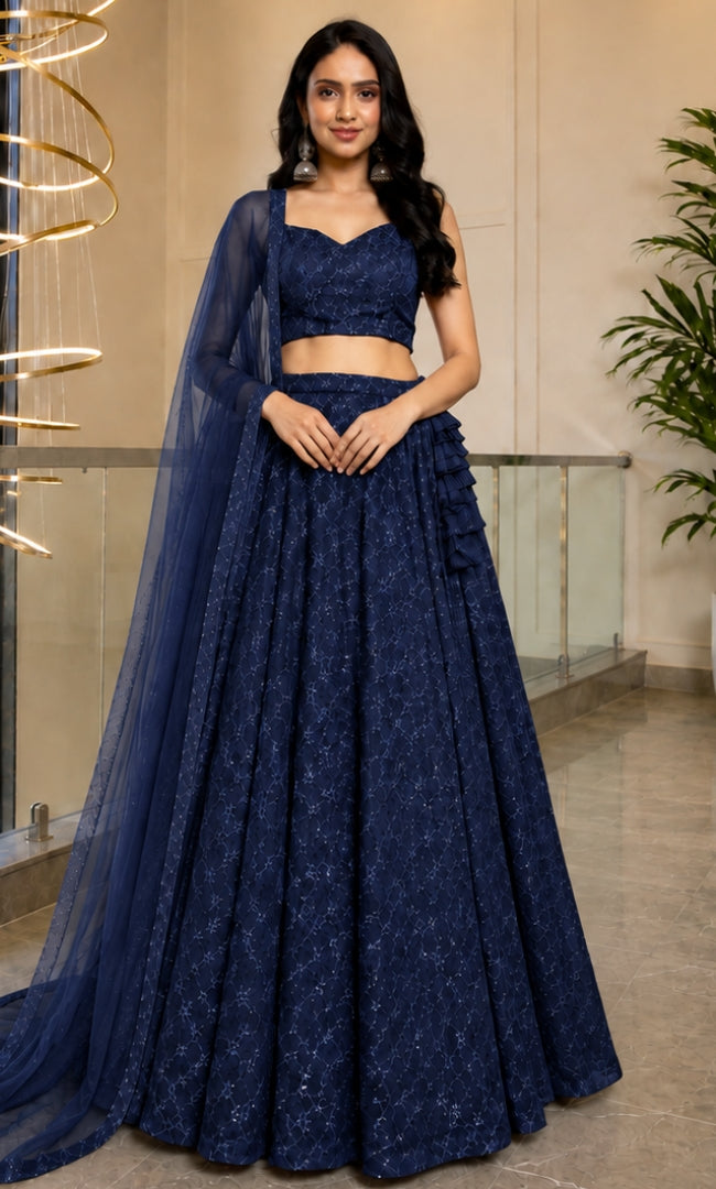 Midnight Blue Jaal Embroidery Lehenga Set