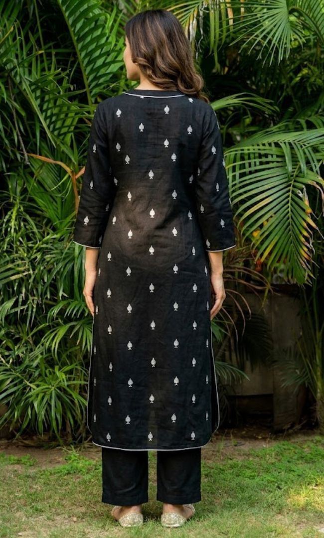 Black Pikes Spades Cotton Kurta Set