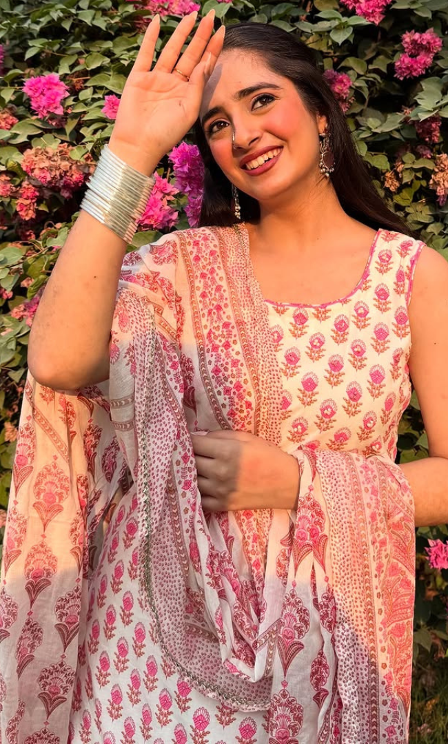 Pink Block Print Kurta Skirt