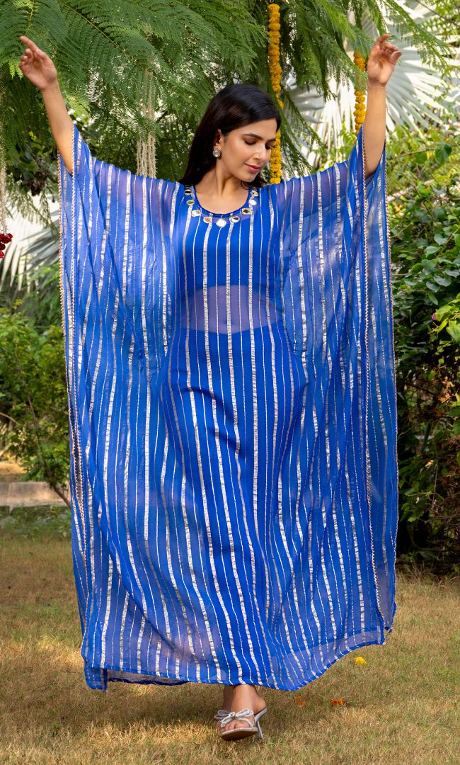 Teal Blue Mirror Work Kaftan Set